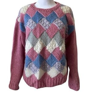 Vintage WINDCREST Diamond Geometric Hand Knit 80’s Sweater Kerry Washington M